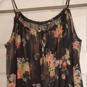 WOMEN'S SIZE LARGE BLACK FLORAL. FLOWY TOP WITH SHOULDERS CUT OUT BY FOREVER 21
